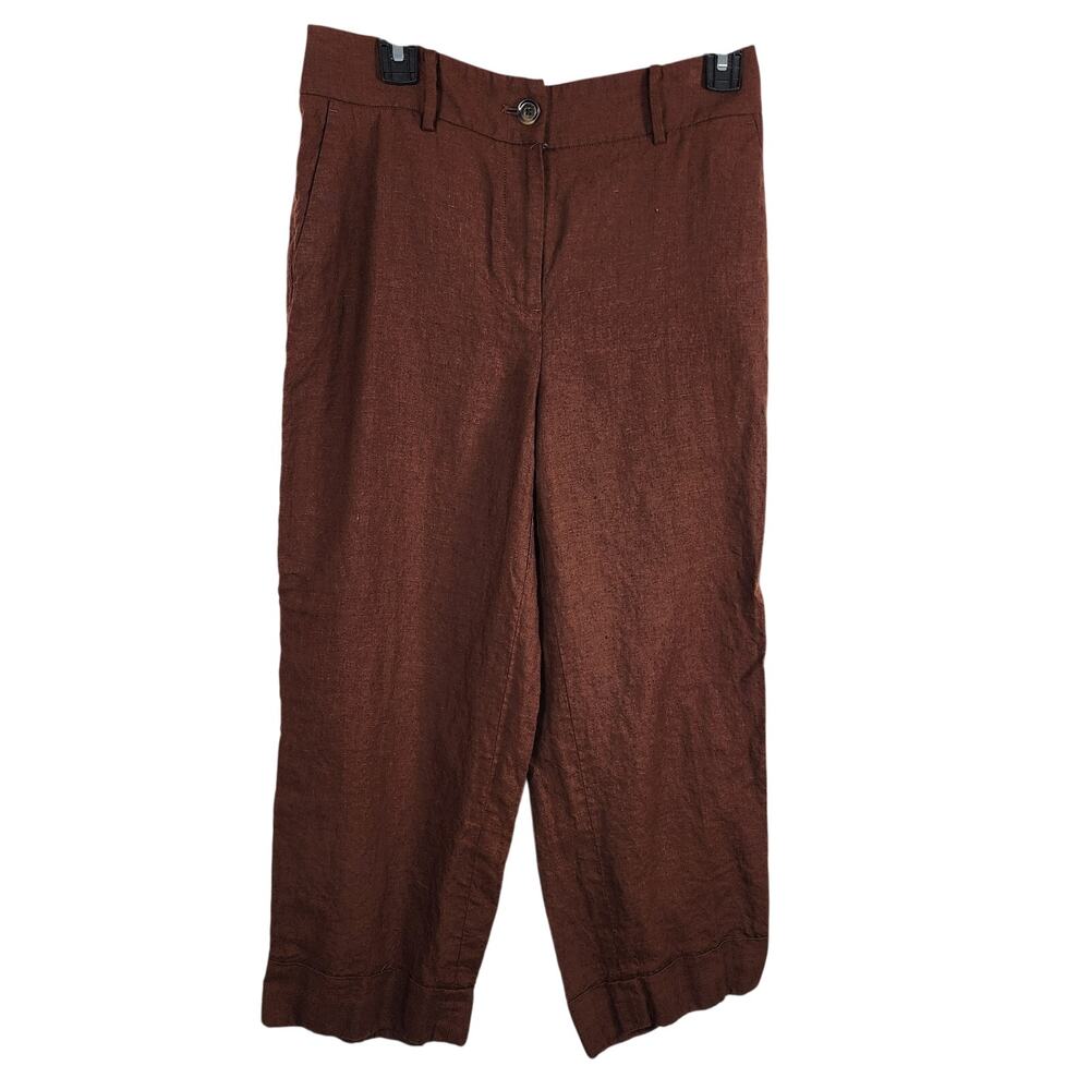 Talbots Women Slim Wide Ankle Cuff 100% Linen Trouser Pants Size 6P Petite Brown